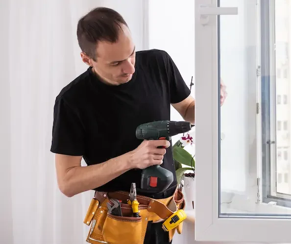 Tecnico fabbro al lavoro su una porta d'ingresso a Roma