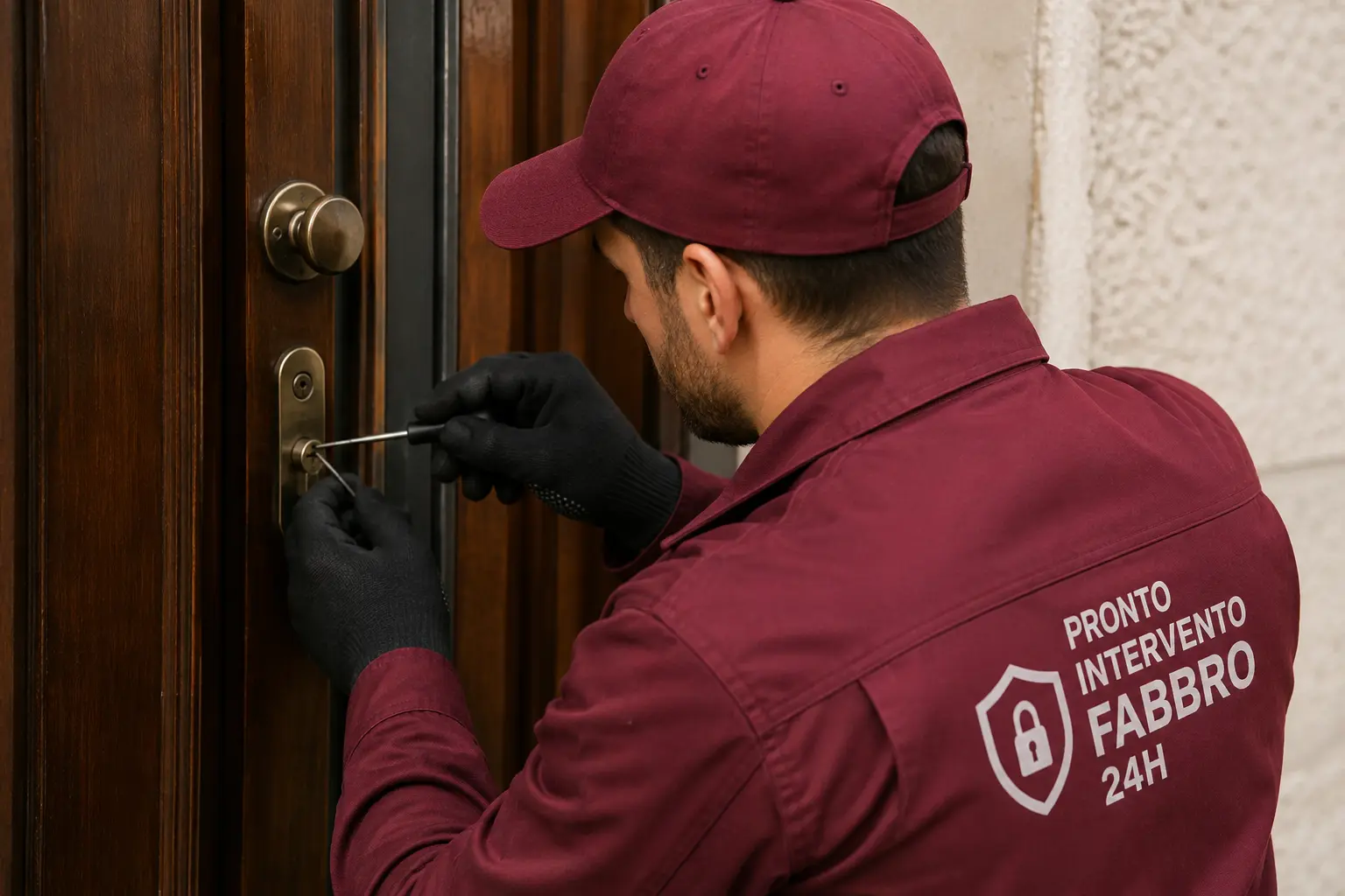 Fabbro 24 ore al lavoro su una serratura durante un intervento notturno