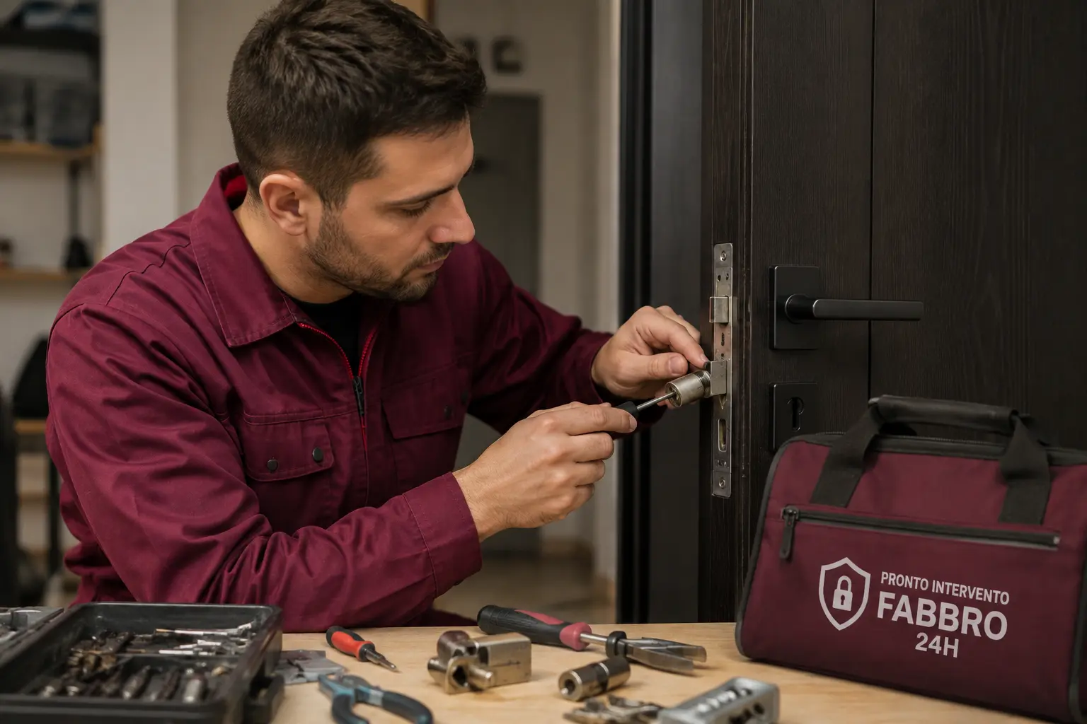 Tecnico fabbro al lavoro su una porta d'ingresso in Lombardia